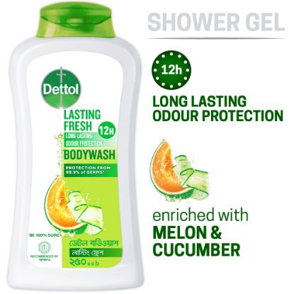 Picture of Dettol Lasting Fresh Antibacterial Body Wash Shower Gel with Refreshing Melon & Cucumber Fragrance, 12 Hours Odour Protection 250ml