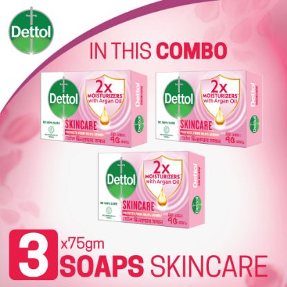 Picture of Dettol Soap Skincare Pack of 3 (75gm X 3), 2X Moisturizers with Argan Oil Bathing Bar