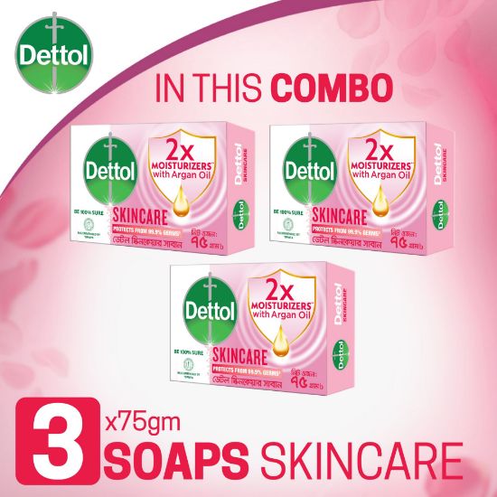 Picture of Dettol Soap Skincare Pack of 3 (75gm X 3), 2X Moisturizers with Argan Oil Bathing Bar
