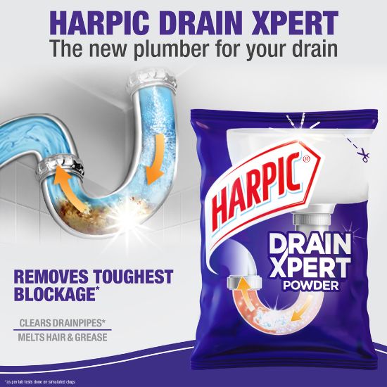 Picture of Harpic Drain Cleaning Xpert Powder 20pcs x 50g, Unblocks Clogged Bathroom, Kitchen & Shower Sink in 30 minutes, Clears Drainpipes, Melts Hair & Grease, Effective Sink and Drain Pipe Cleaner & Blockage Remover