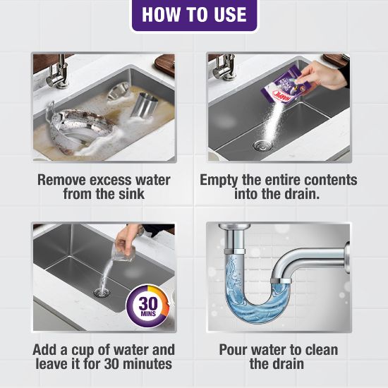 Picture of Harpic Drain Cleaning Xpert Powder 20pcs x 50g, Unblocks Clogged Bathroom, Kitchen & Shower Sink in 30 minutes, Clears Drainpipes, Melts Hair & Grease, Effective Sink and Drain Pipe Cleaner & Blockage Remover