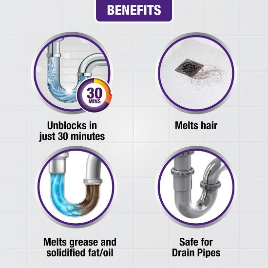 Picture of Harpic Drain Cleaning Xpert Powder 20pcs x 50g, Unblocks Clogged Bathroom, Kitchen & Shower Sink in 30 minutes, Clears Drainpipes, Melts Hair & Grease, Effective Sink and Drain Pipe Cleaner & Blockage Remover