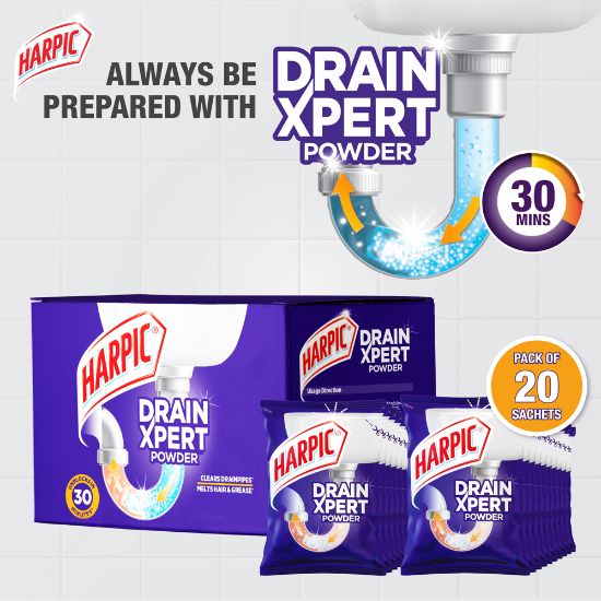 Picture of Harpic Drain Cleaning Xpert Powder 20pcs x 50g, Unblocks Clogged Bathroom, Kitchen & Shower Sink in 30 minutes, Clears Drainpipes, Melts Hair & Grease, Effective Sink and Drain Pipe Cleaner & Blockage Remover
