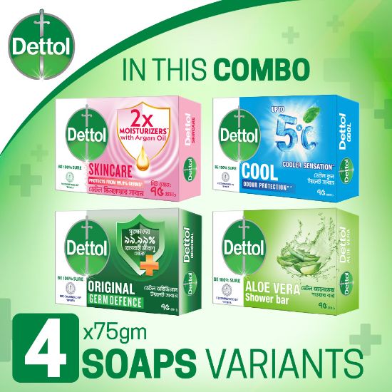 Picture of Dettol Soap Pack of 4 Variants (75gm x 4)- Original, Skincare, Cool, Aloe Vera Bathing Bar Soaps