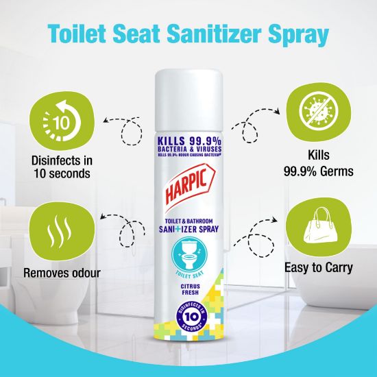 Picture of Harpic Toilet Seat Sanitizer Spray, Kills 99.9% Germs on Toilet Seat Covers, Basin Tap and Doorknob in 10 seconds, Citrus Fresh, 90ml