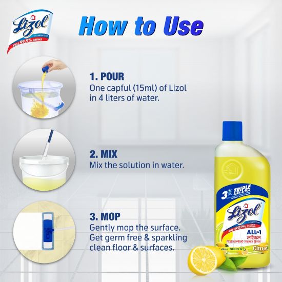 Picture of Lizol Disinfectant Floor & Surface Cleaner 500ml Citrus, Kills 99.9% Germs