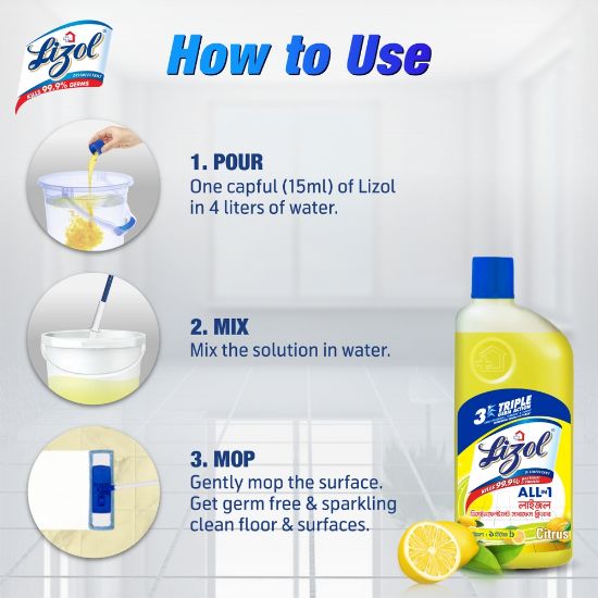 Picture of Lizol Disinfectant Floor & Surface Cleaner Citrus 2x500ml Double Pack, Kills 99.9% Germs