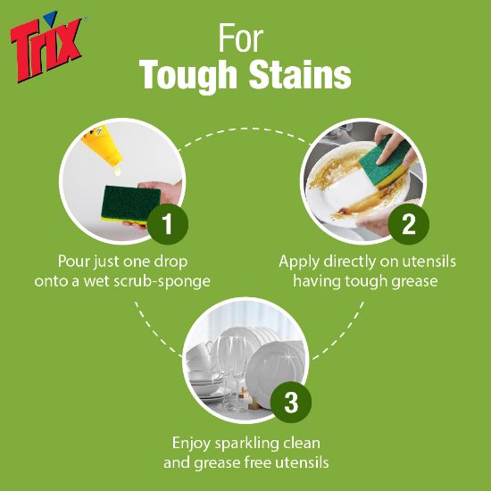 Picture of Trix Dishwashing Liquid 750ml (Bottle & Refill Combo) Lemon Fragrance for Scratch-Free Sparkling Clean Dishes, removes grease stains