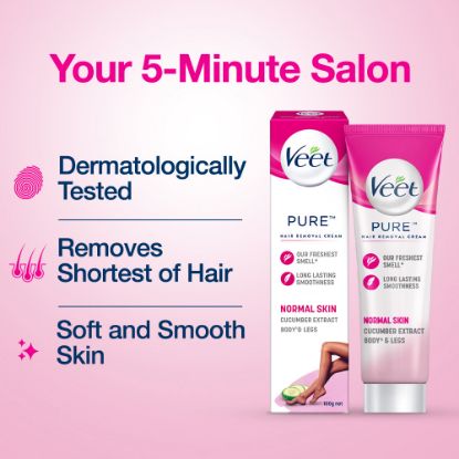 Picture of Veet Hair Removal Cream 100gm Normal Skin for Body & Legs, Get Salon-like Silky Smooth Skin with 5 in 1 Skin Benefits