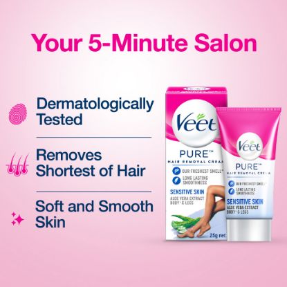 Picture of Veet Hair Removal Cream 25gm Sensitive Skin for Body & Legs, Get Salon-like Silky Smooth Skin with 5 in 1 Skin Benefits