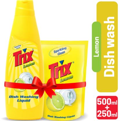 Picture of Trix Dishwashing Liquid 750ml (Bottle & Refill Combo) Lemon Fragrance for Scratch-Free Sparkling Clean Dishes, removes grease stains