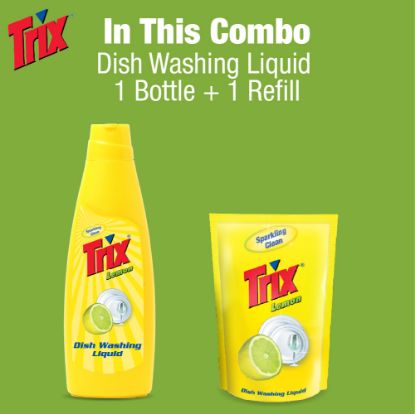 Picture of Trix Dishwashing Liquid 750ml (Bottle & Refill Combo) Lemon Fragrance for Scratch-Free Sparkling Clean Dishes, removes grease stains