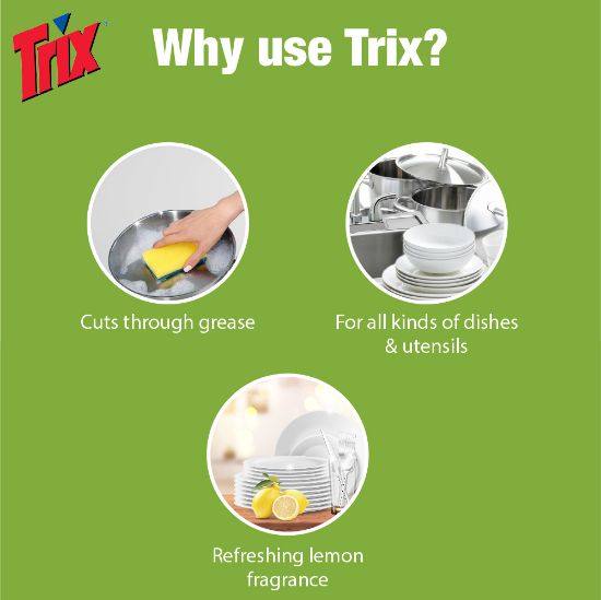Picture of Trix Dishwashing Liquid 750ml (Bottle & Refill Combo) Lemon Fragrance for Scratch-Free Sparkling Clean Dishes, removes grease stains