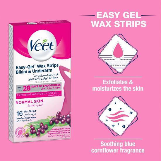 Picture of Veet Wax Strips for Bikini Line, Underarm, Upper Lips & Facial Hair, 16 One-Side Strips (2 Strips Patched Together X 8) & 3 Perfect Finish Wipes for Long Lasting Smoothness, Normal Skin, Made in France