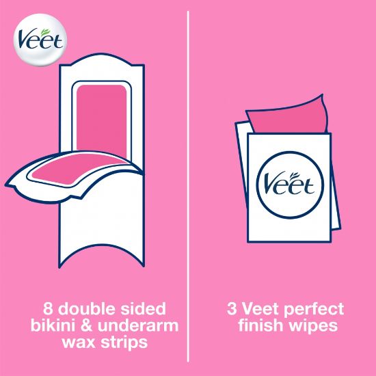 Picture of Veet Wax Strips for Bikini Line, Underarm, Upper Lips & Facial Hair, 16 One-Side Strips (2 Strips Patched Together X 8) & 3 Perfect Finish Wipes for Long Lasting Smoothness, Normal Skin, Made in France
