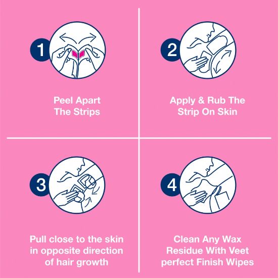 Picture of Veet Wax Strips for Bikini Line, Underarm, Upper Lips & Facial Hair, 16 One-Side Strips (2 Strips Patched Together X 8) & 3 Perfect Finish Wipes for Long Lasting Smoothness, Normal Skin, Made in France