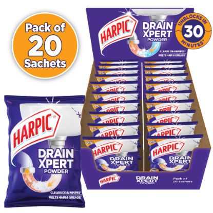 Picture of Harpic Drain Cleaning Xpert Powder 20pcs x 50g, Unblocks Clogged Bathroom, Kitchen & Shower Sink in 30 minutes, Clears Drainpipes, Melts Hair & Grease, Effective Sink and Drain Pipe Cleaner & Blockage Remover